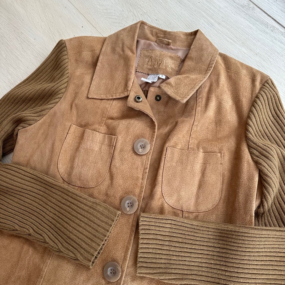 AMI Vintage Y2K 90s Suede Knit Sleeve Jacket Brown Button Pockets Women's XL‎